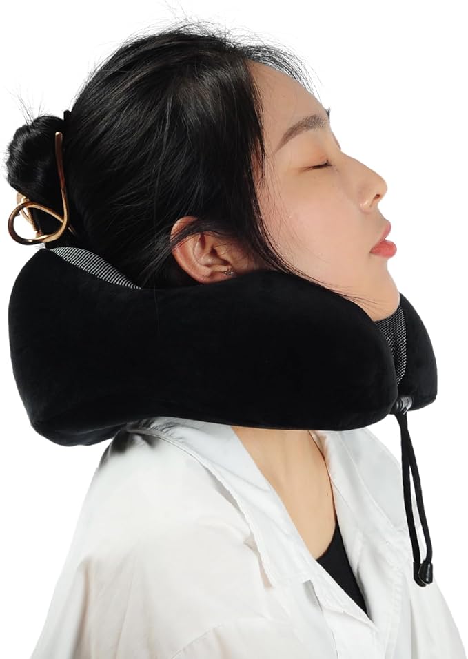 Memory Foam Travel Pillow, Neck Pillow with 360-Degree Head Support, Comfortable Ideal for Sleeping on Airplane, Car, Train, Bus and Home Use, Comes with Storage Bag (Black)