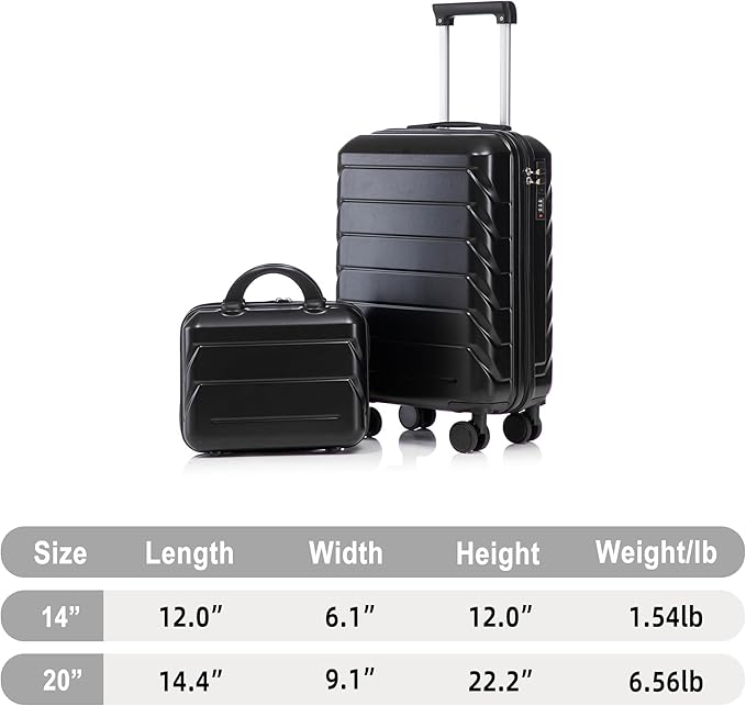 Kids Luggage Sets for Girls, 2 Piece Luggage Set, 20 Inch Rotating Wheel Suitcase with 14 Inch Cosmetic Case, Lightweight Hardshell Suitcase with 360° Spinner Wheels for Travel (Black)