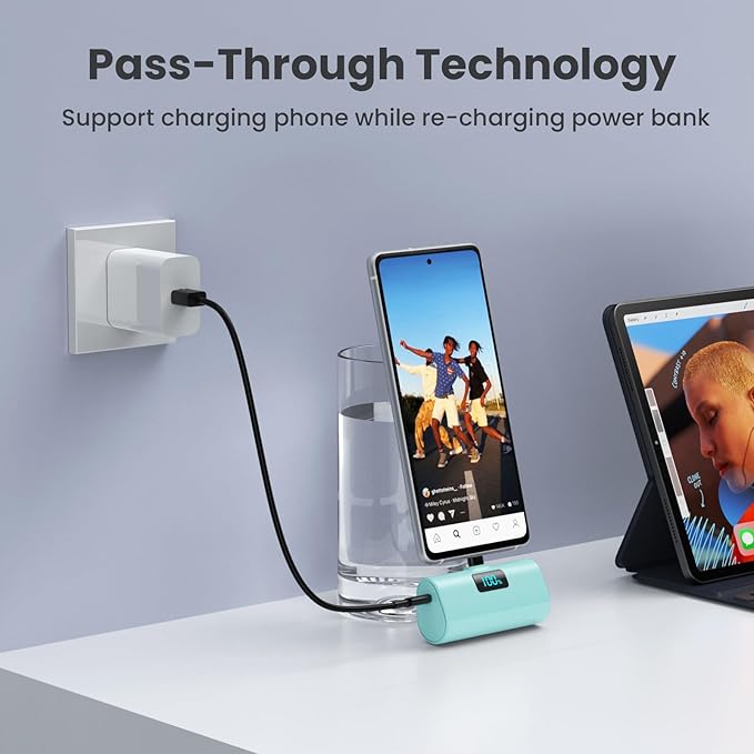 Mini Portable Charger USB C Power Bank,Upgraded 5500mAh PD Fast Charging Battery Pack Built-in USB-C Connector Travel Essential for iPhone17/17Pro/17Pro Max/Air/16 Plus/16Pro Max/15 Series (Green)