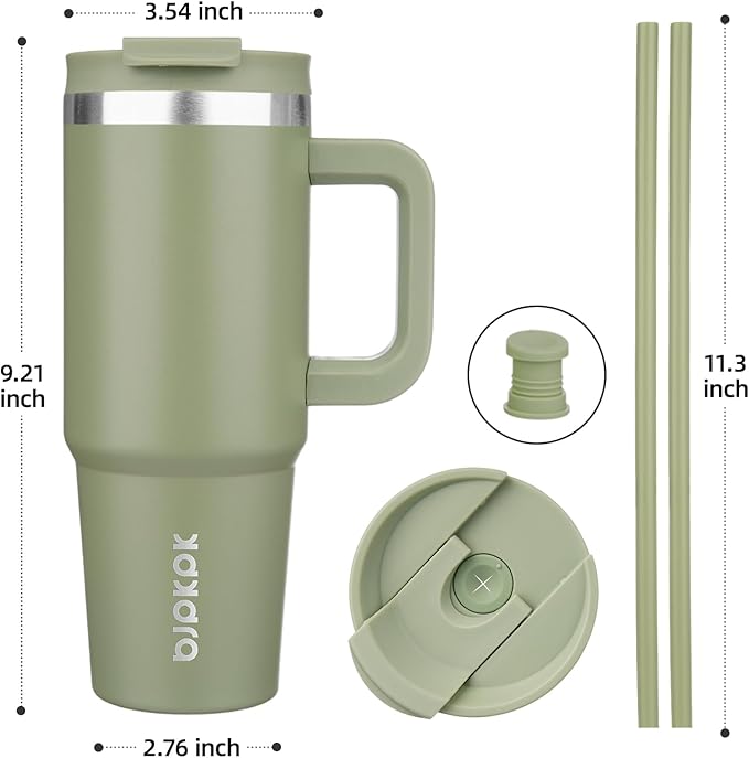 BJPKPK 30 oz Stainless Steel Tumbler With Handle Insulated Tumblers With 2 Straw Travel Coffee Mug With Lid,Sage