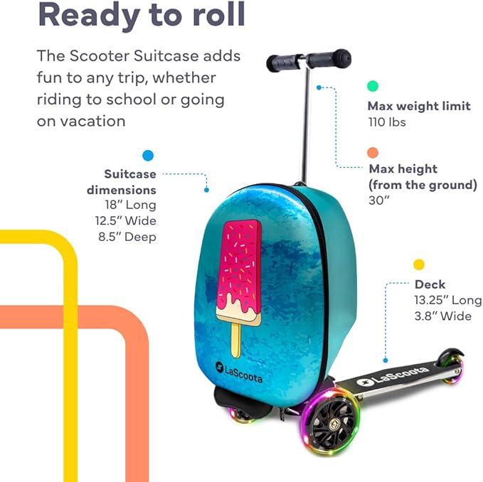 Lascoota Scooter Suitcase - Foldable 2-in-1 Luggage - LED Light Wheels & Lightweight Carry Luggage - Overhead-Ready Carry Suitcase for Kids - Ice Cream, 17.3 x 12.4 x 8.7 in