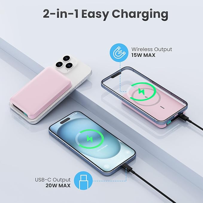 Magnetic Portable Charger 10800mah for Magsafe Battery Pack, Wireless Power Bank with USB C in&out PD Fast Charging,Travel Essential Phone Battery Charger For iPhone 17/16/15/14/13/12 Series-Pink