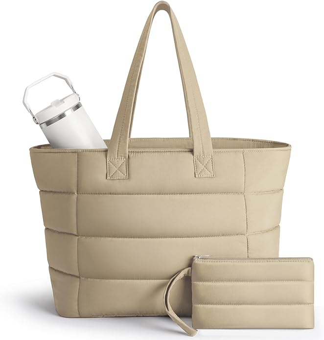 Puffer Tote Bag with Pouch,Women's Lightweight Quilted Shoulder Bag,15.6"/17.3" Laptop Travel Weekender for Work & Nurses