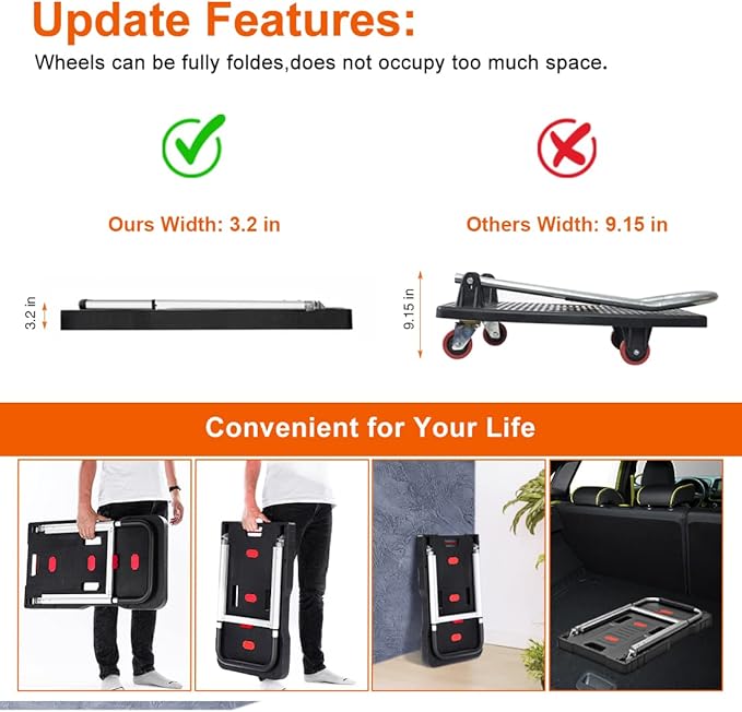Folding Hand Truck Platform Truck 330 Lbs Heavy Duty Dolly Cart with Wheels, Fully Folded Push Cart, Portable Trolley Utility Cart for Easy Storage, Garage Moving Shopping Home Office