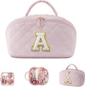 LOVEVOOK Travel Makeup Bag for Women, 2Pcs Puffer Waterproof Cosmetic Organizer, Large Capacity Pouch Open Flat Small Toiletry Bag with Brush Compartment & Handle (Pink-A, Medium)