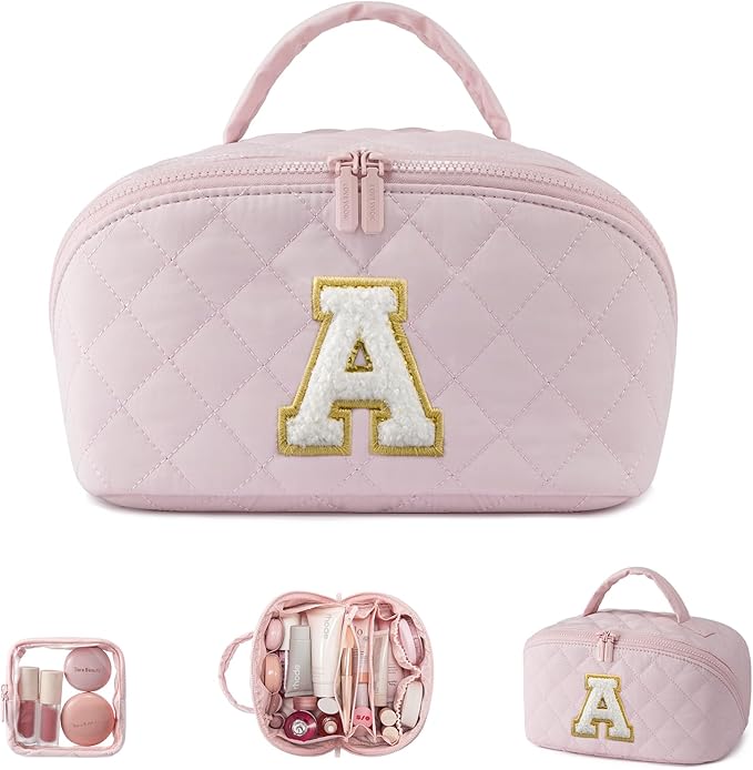 LOVEVOOK Travel Makeup Bag for Women, 2Pcs Puffer Waterproof Cosmetic Organizer, Large Capacity Pouch Open Flat Small Toiletry Bag with Brush Compartment & Handle (Pink-A, Medium)