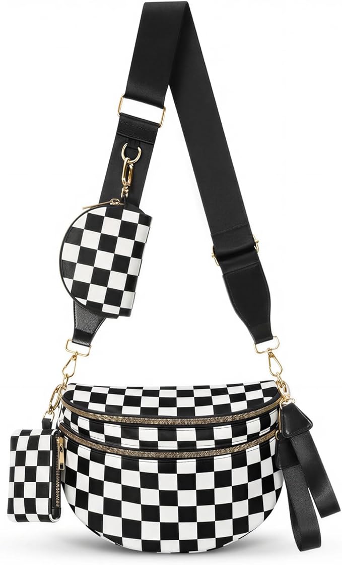 Cross Body Bag for Women Checkered Crossbody Bags Bum Bags for Women Fanny Packs for Girls Small Nylon Checkered Purse Trendy Shoulder Bag (RS-YB-Checkered Black White, One Size)