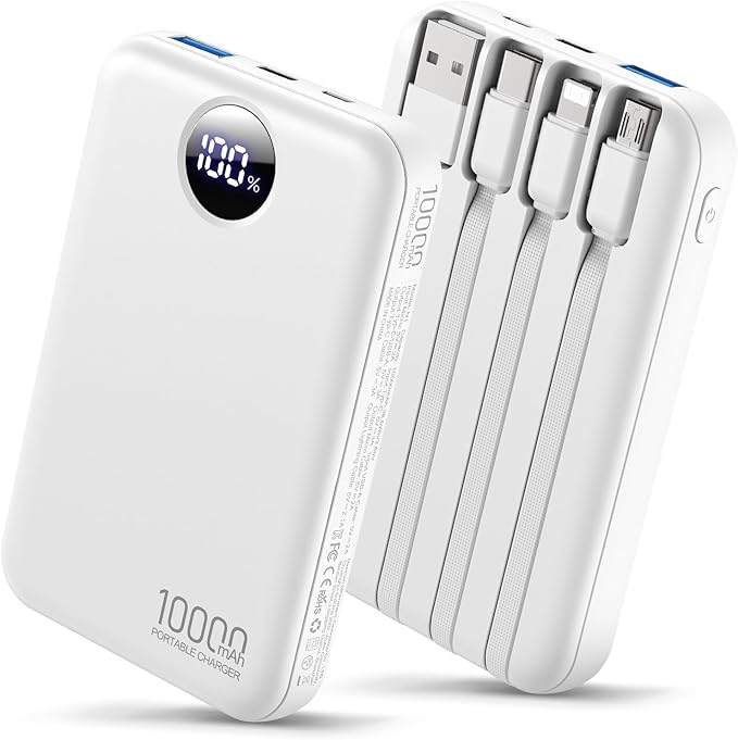 HAIARA 10000mAh Power Bank with 4 Built-in Cables,20W PD Fast Charging Portable Charger with LED Display,USB-C & USB-A Outputs,5 Devices Simultaneous Charging,External Battery Pack for iPhone-White