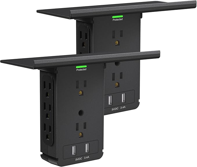 Socket Wall Shelf-CFMASTER 10 Port Surge Protector Wall Outlet, 8 Electrical Outlet Extenders and 2 USB Ports 2.4A, with Removable Built-In Shelf, FCC Listed (2, Black)