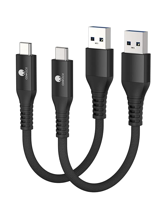 CONMDEX USB C Charger Cable [1ft, 2-Pack] USB 3.1 Gen 2 10Gbps Data Transfer Braided Type C Cord, Short Fast Charging USB to USB C Android Auto Cable Compatible with iPhone 17 16 Galaxy S25, Black