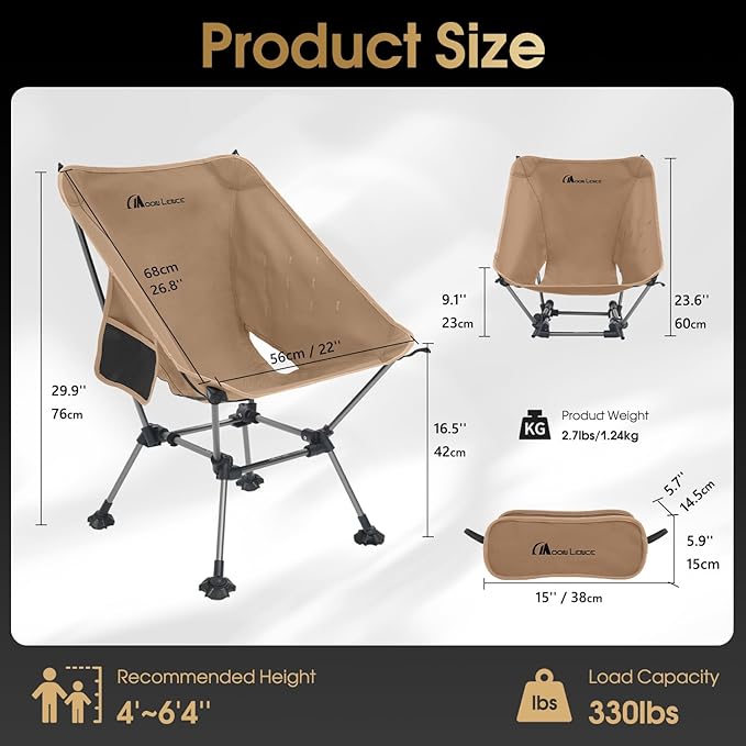 MOON LENCE Camping Chair Plus, Upgraded Comfort & Size, Still Compact and Lightweight, Folding Portable Chair for Backpacking & Hiking, 400Lbs Capacity, Gen 3 Plus (Khaki)