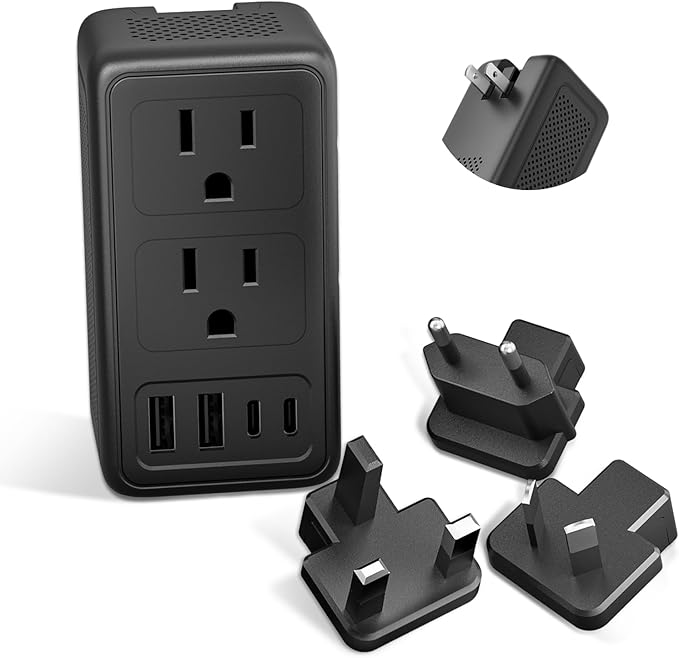 2000W 220V to 110V Voltage Converter US to Europe for Hair Dryer, Converter for European Travel, Travel Adapter with 2 USB A and 2 USB C Ports (Matt Black)