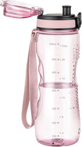 OLDLEY 25 oz Water Bottle, Motivational Water Bottle with Time Marker, Sports Water Bottle With Strap, Leakproof & BPA Free Large Water Bottles for School, Gym, Travel, Outdoor, Transparent Pink