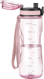 OLDLEY 25 oz Water Bottle, Motivational Water Bottle with Time Marker, Sports Water Bottle With Strap, Leakproof & BPA Free Large Water Bottles for School, Gym, Travel, Outdoor, Transparent Pink