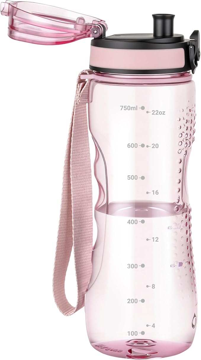 OLDLEY 25 oz Water Bottle, Motivational Water Bottle with Time Marker, Sports Water Bottle With Strap, Leakproof & BPA Free Large Water Bottles for School, Gym, Travel, Outdoor, Transparent Pink