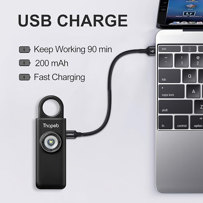 Thopeb– Personal Safety Alarm for Women–135dB Siren, Strobe Light and Rechargeable - Safety Alarm Keychain for Women (Charcoal)