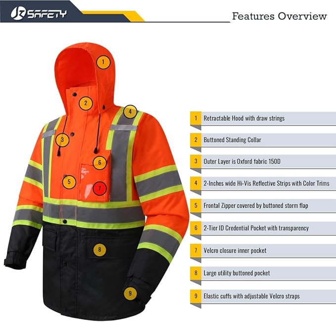 JKSafety Hi-Vis Reflective Safety Rain Jacket for Men Women Waterproof Rain Gears for Farming Fishing Work HV Rain Jacket with Inner Mesh Lining and Pockets (117A-OBlk L)