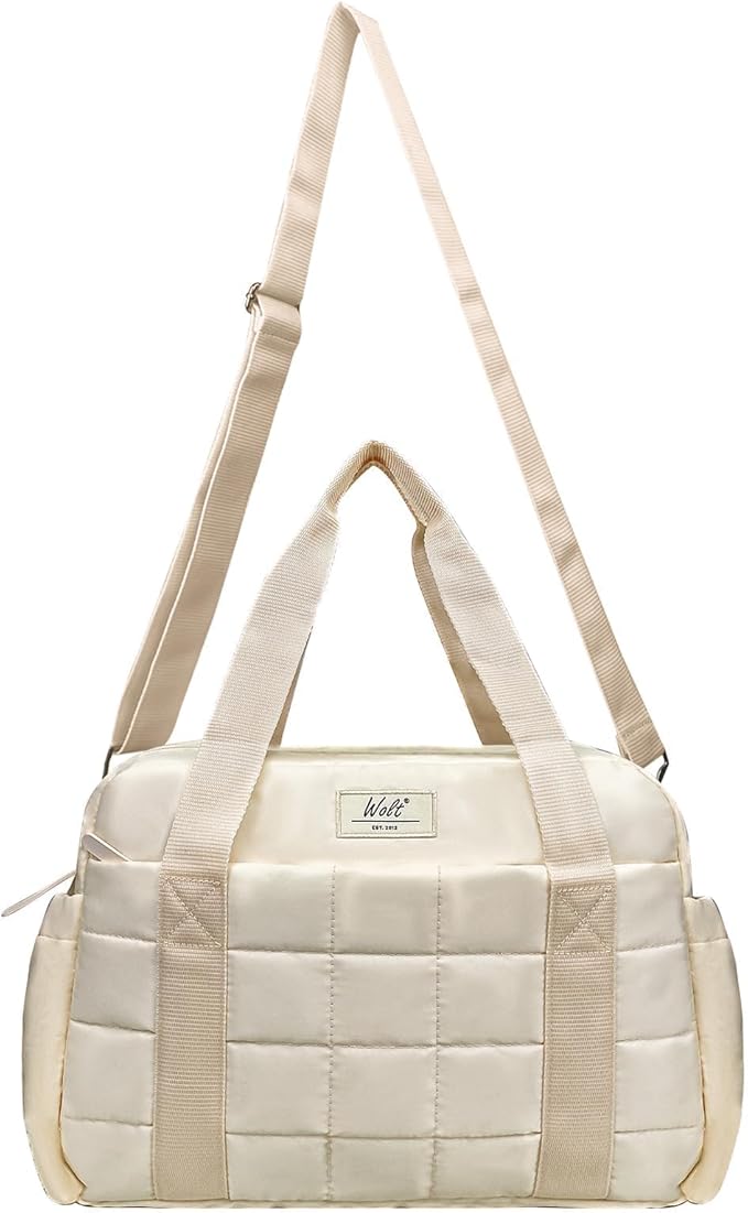 WOLT Small Gym Bag for Women, 14 inch Lightweight Gym Duffle Bag with Wet Compartment Quilted Tote for Sports Workout, Beige