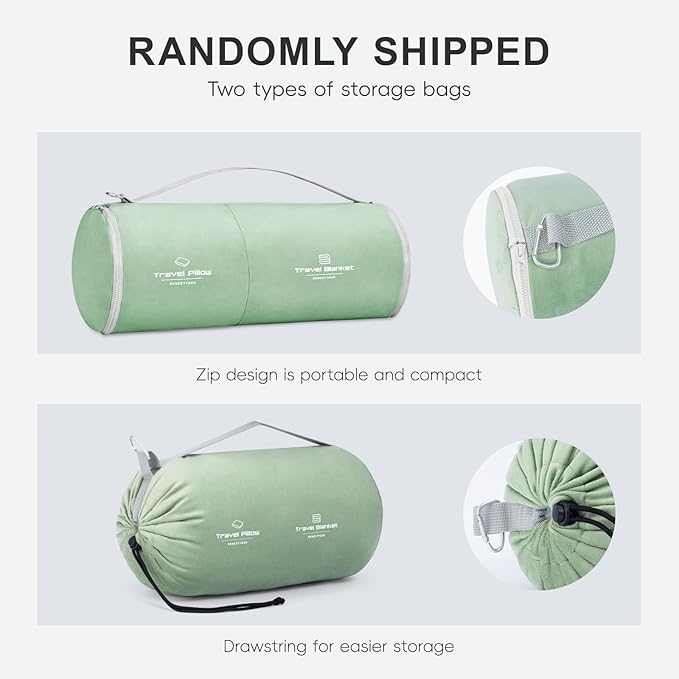 urnexttour Travel Pillow and Blanket Set Neck Pillows Soft Blankets with Sleep Mask Travel Essentials for Airplane Car Memory Foam Sage Green