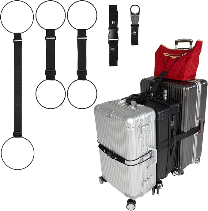 Luggage Straps 3 PCS for Suitcases TSA Approved 2 Short & 1 Long Adjustable Straps with Elastic Thick Rope for Connecting Suitcases and Bags Stably with a Strap Buckle and a Bottle Clip, Black
