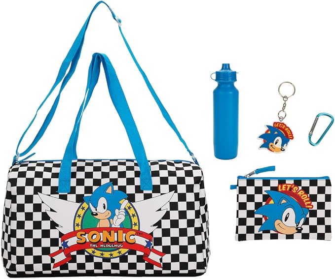 Sonic The Hedgehog Classic 5-Pc Duffle Bag Utility Case Water Bottle Key Chain and Carabiner