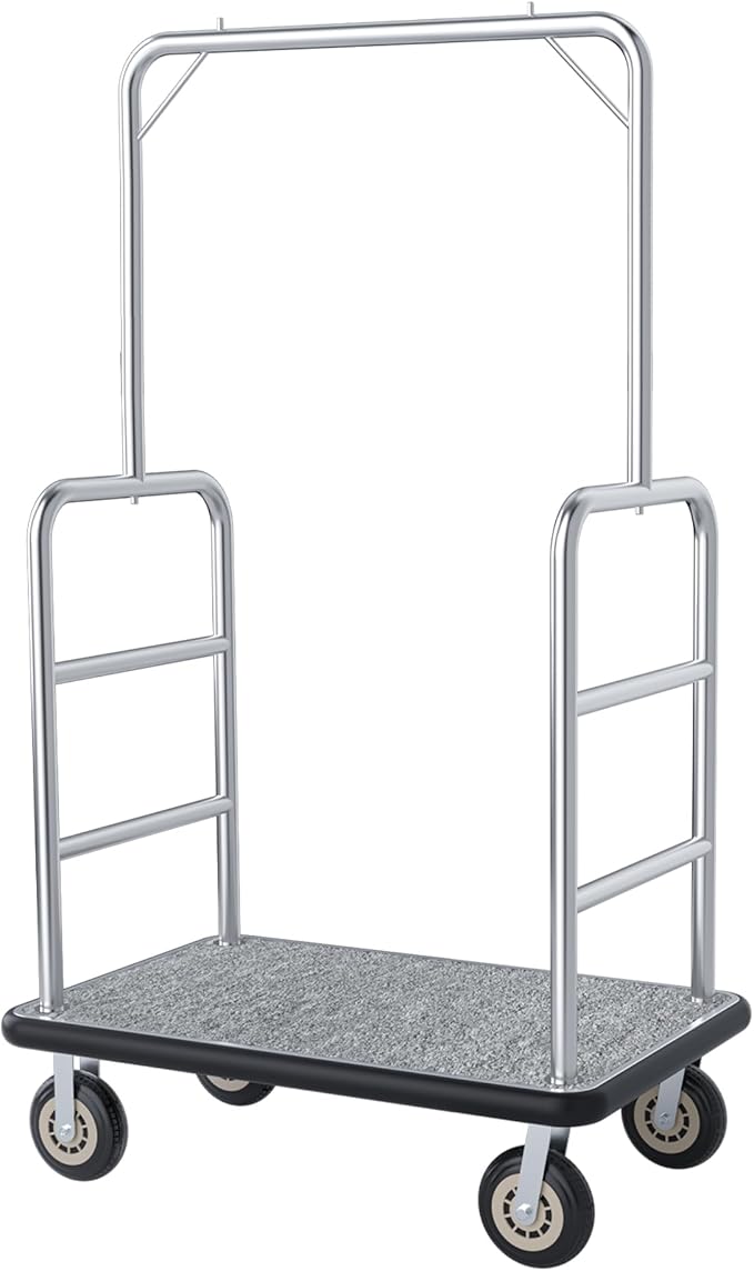 Hotel Luggage Cart, 1300LBS Load Capacity Bellman's Cart with 8" Wheels, Brushed Stainless Steel Commercial Grade Hotel Luggage Trolley with Grey Carpeted Deck for Hotels (42''L x 26''W x 70''H)