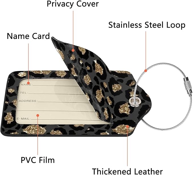 GACCAP 2 Pack Luggage Tags for Suitcase, Privacy Cover ID Label with Stainless Steel and Address Card for Travel Bag Backpack Cruise Ship Essentials Tag Women Girls - Black Gold Leopard Cheetah