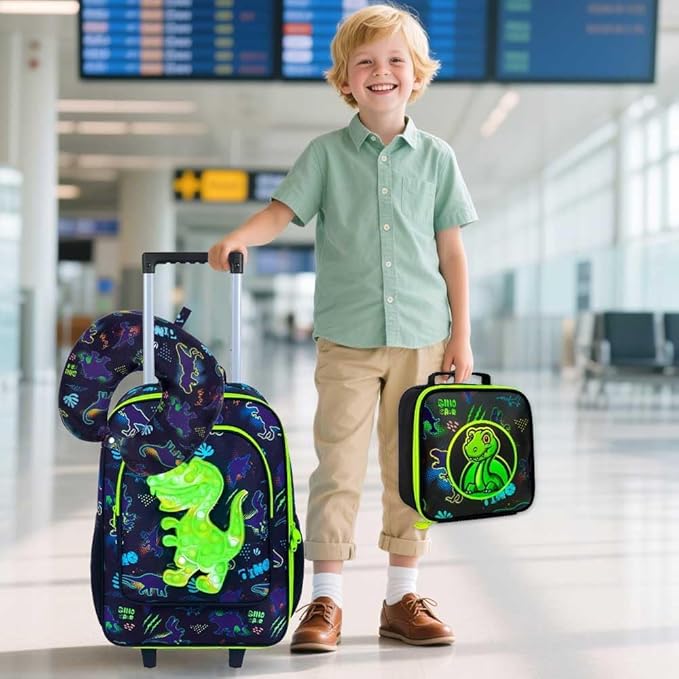 5Pcs Kids Luggage for Boys, Dinosaur Rolling Travel Carry on Suitcase for Toddler Children with Wheels(Black)