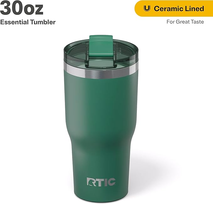 RTIC 30oz Essential Tumbler with Lid, Ceramic Lined, Insulated, Stainless Steel, Metal, Double Wall Vacuum-Insulation, Travel Cup for Iced Coffee, Tea, Hot and Cold Drink, Pine Tree