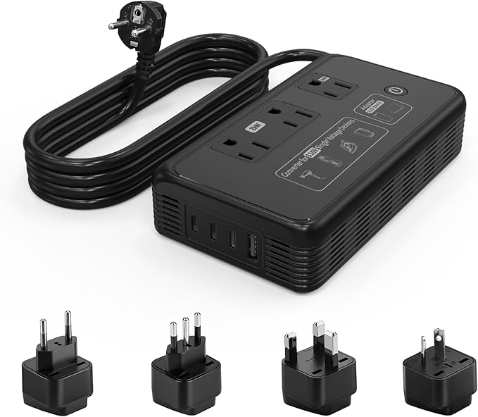 Mapambo 2000W 220V to 110V Converter for Hair Dryer, Voltage Converter US to Europe, Converter for European Travel with 2 USB-C 2 USB-A, Universal Travel Adapter with Type C G I L (Black)