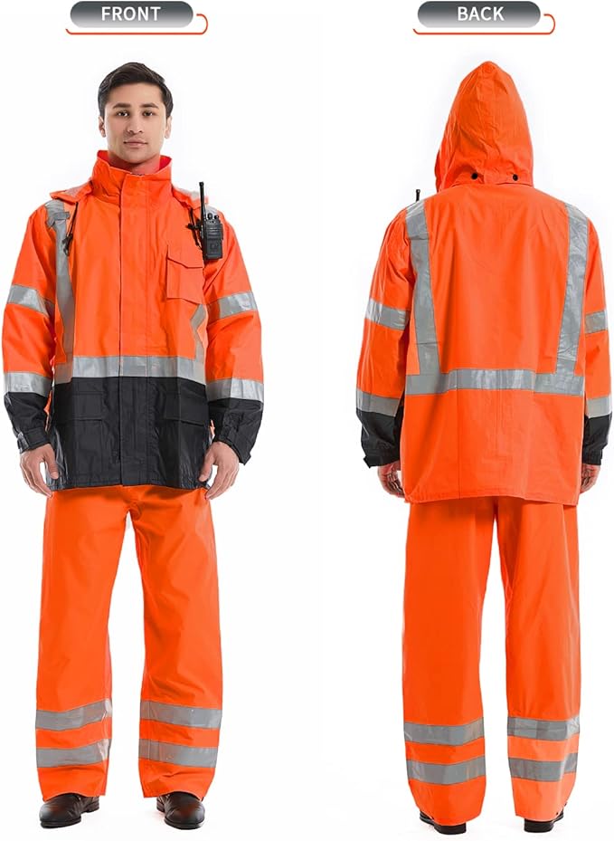 SKSAFETY Hi Vis Safety Rain Jacket for Men, Construction Work Rain Gear Heavy Duty Class 3 Rain Coat Waterproof Lightweight