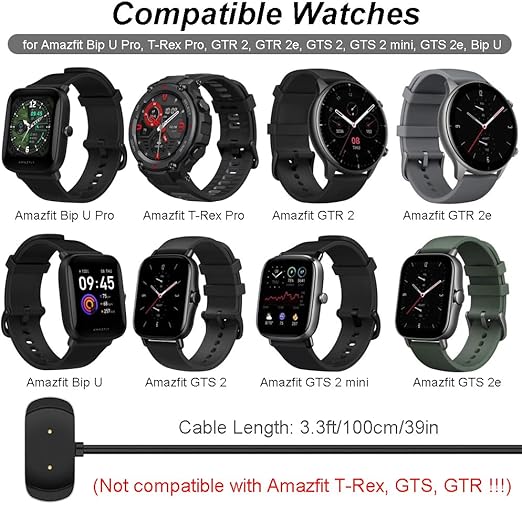 Charger for Amazfit Bip 5, Bip 3 Pro, BIP U Pro, T-Rex Pro, GTS 4 Mini, GTS 2 Mini, GTS 2e, GTS 2, GTR 2e, GTR 2, GTR Mini Smart Watch - Replacement Magnetic Charging Cable (3.3ft/1m)