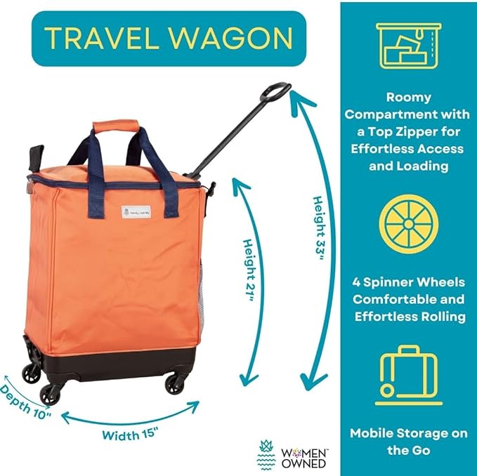Handy Sandy Haul-It Foldable Rolling Tote – Patented Heavy-Duty Utility Bag with 8 Spinner Wheels, – Reusable Grocery Cart, Laundry Carrier, Travel Tote, Commuter Bag for Shopping & More- Orange