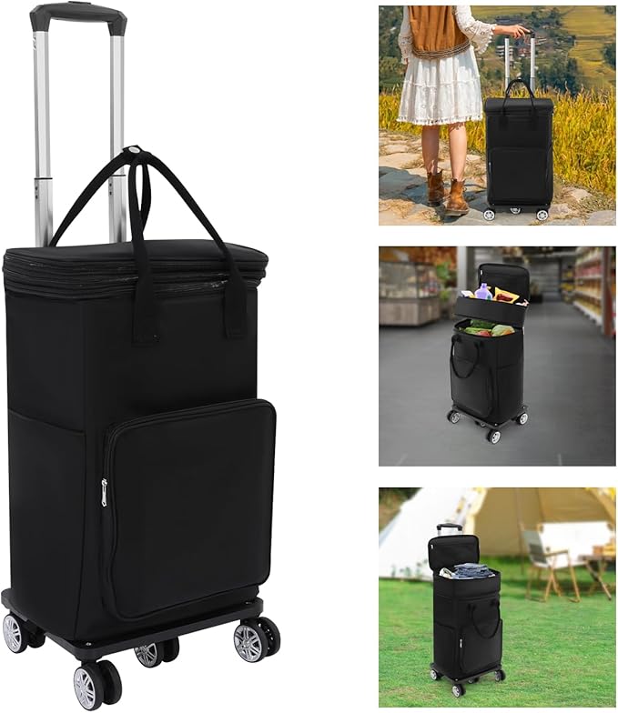 Shopping Trolley with Wheels Collapsible Shopping Cart Utility Dolly Luggage Cart with Telescopic Drawbar, 55.12 Lbs Load-Bearing, for Shopping, Camping, Travel (Black)