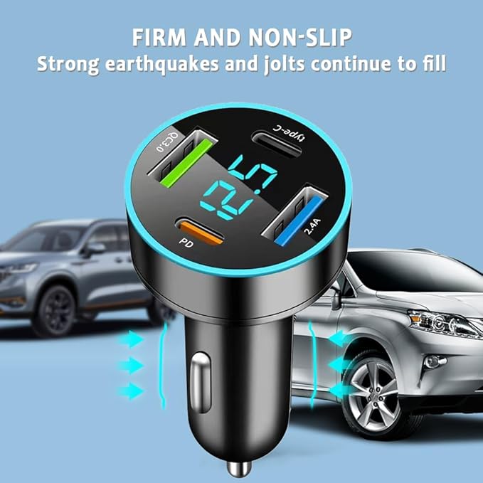 4 Ports Fast Car Charger,[Upgrade Voltmeter Display] PD+QC3.0+USB C Car Charger for 12-24V Cigarette Lighter Plug,Car Phone Charger Compatible with iPhone/Android/Samsung/iPad (QC3.0+Type-C+PD+2.4A)