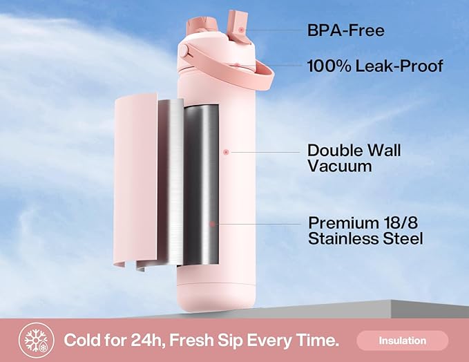 POWCAN 26 oz Insulated Water Bottle with 2-in-1 Straw and Spout Lid, Keep Cold 24H, Leak-Proof, Fits in Car Cup Holder, Stainless Steel Water Bottle for Sports, Travel, Gift and School (Kiss Me Berry)