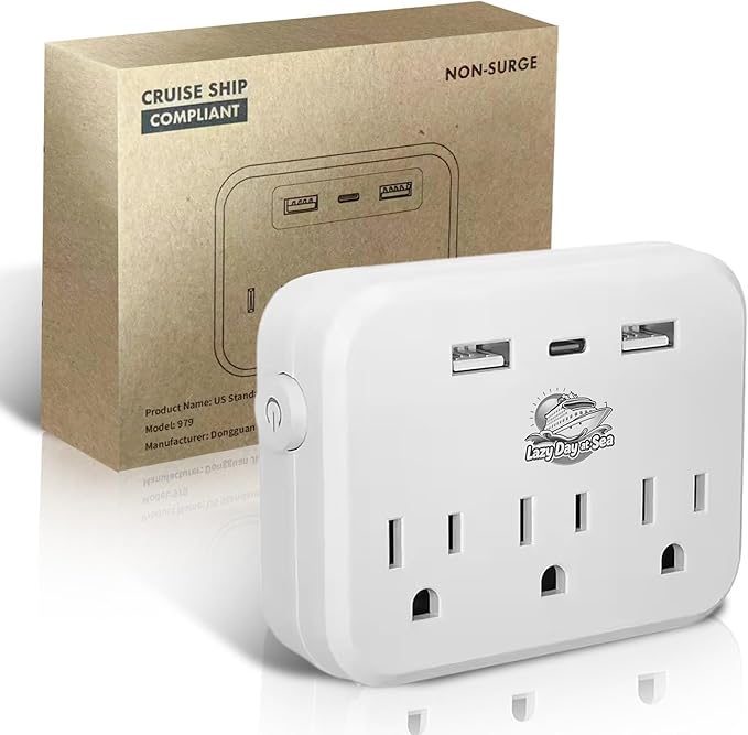 Cruise Ship Compliant Non-Surge Power Strip (6-in-1) Outlet Extender with 3 AC Outlets, 2 USB Ports & 1 USB-C, 2500W, Carnival, Norwegian, Princess & Disney Cruises – Verify Policies Before Travel