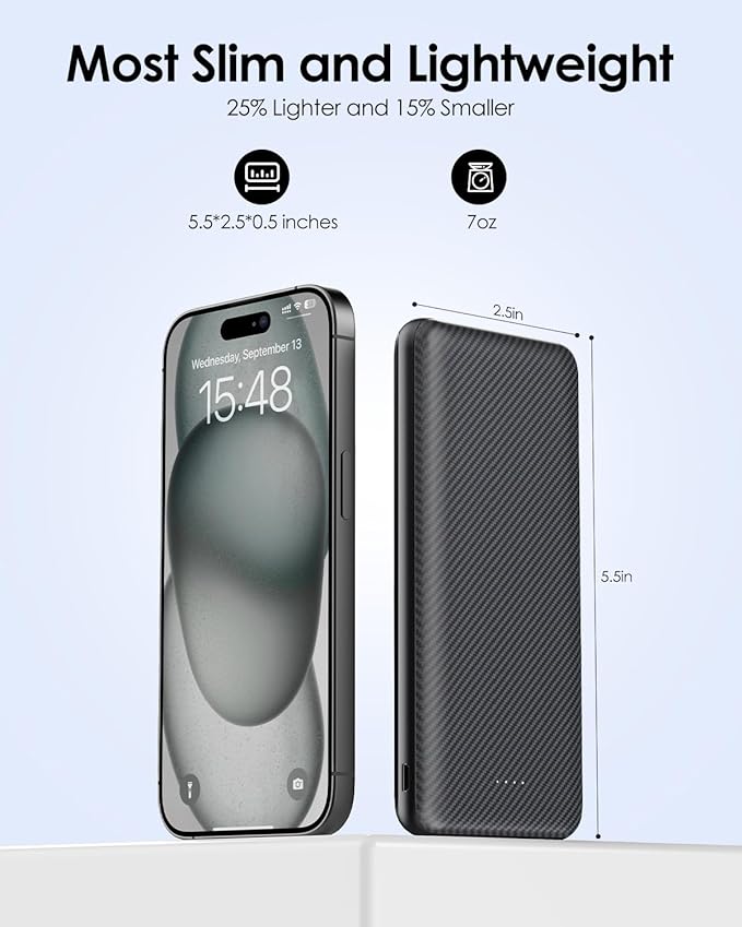 Power Bank 10000mAh Portable Charger, Slimmer Battery Pack 5V/3A with USB C Input & Output, Travel Essentials Powerbank Compatible for iPhone, Galaxy, LG, Sony, Pixels, Tablets and More (Black)