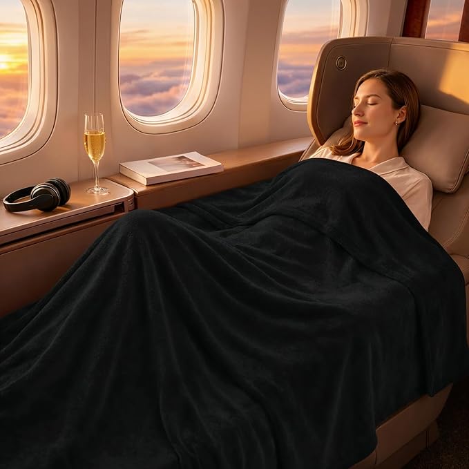 Travel Blanket and Pillow Compact – 4-in-1 Soft Fleece Airplane Blanket with Bag Pillowcase, Neck Pillow, Eye Mask & Earplugs, Lightweight Portable Flight Blanket 60"x43" (Black)
