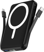 podoru for Magsafe Battery Pack, 10000mAh Magnetic Power Bank Built-in Double USB C Cables 20W PD Fast Charging LED Display Wireless Portable Charger for iPhone 17/16/15/14/13/12 Series-Black