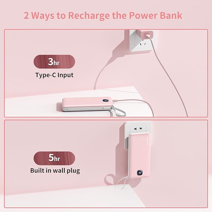 penaover Portable Charger with Built-in Cables&AC Wall Plug,Slim 10000mAh 22.5W Fast Charging Power Bank,5 Output 2 Input USB-C External Battery Pack Compatible with iPhones,Samsung,Android, etc