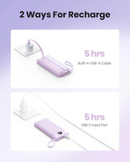 Portable Charger with Built-in Cable, 10000mAh Slim USB C Power Bank, External Battery Pack 5 Outputs 2 Inputs LED Display Compatible with iPhone/Android & More (Lavender)