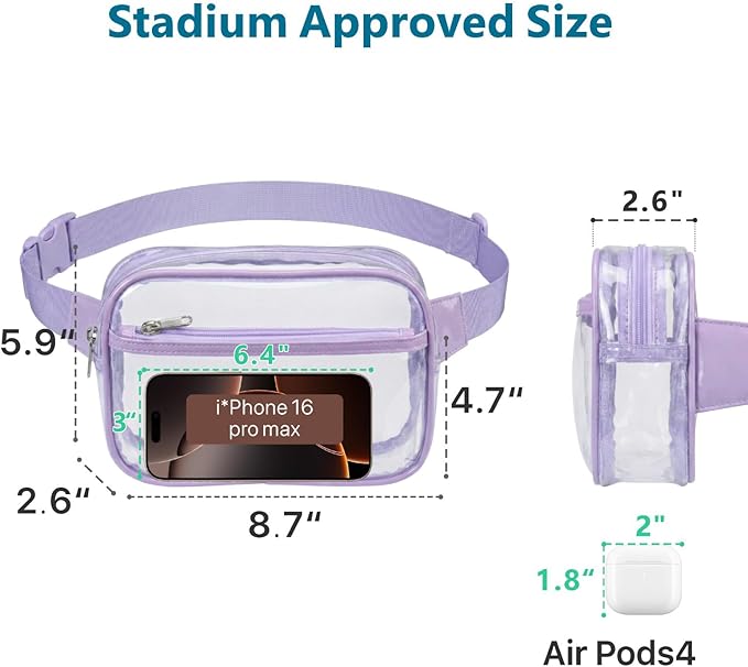 Veckle Clear Fanny Pack Stadium Approved - Plus Size 35-51 Inch Adjustable Strap Transparent Belt Bag for Women Men Fits 7.5" Smartphone, Crossbody Clear Bag for Stadium Events Sports Concerts, Purple