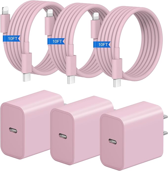 iPhone Fast Charger 3+3Pack 20W USB C Wall Charger with 10FT Fast Charging Cable Compatible with iPhone 14/13/12/11/Pro/Pro Max-Pink