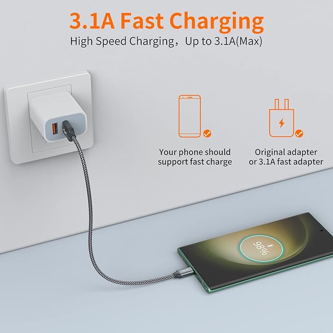 JXMOX Short USB C Cable (1ft 3-Pack), USB A to Type-C Charger Cord 3.1A Fast Charging Compatible with iPhone 15 16 Pro Max, Samsung Galaxy S22 S21 S20 S10 S9, Note 20 10,A80 A70 A50,Power Bank (Grey)