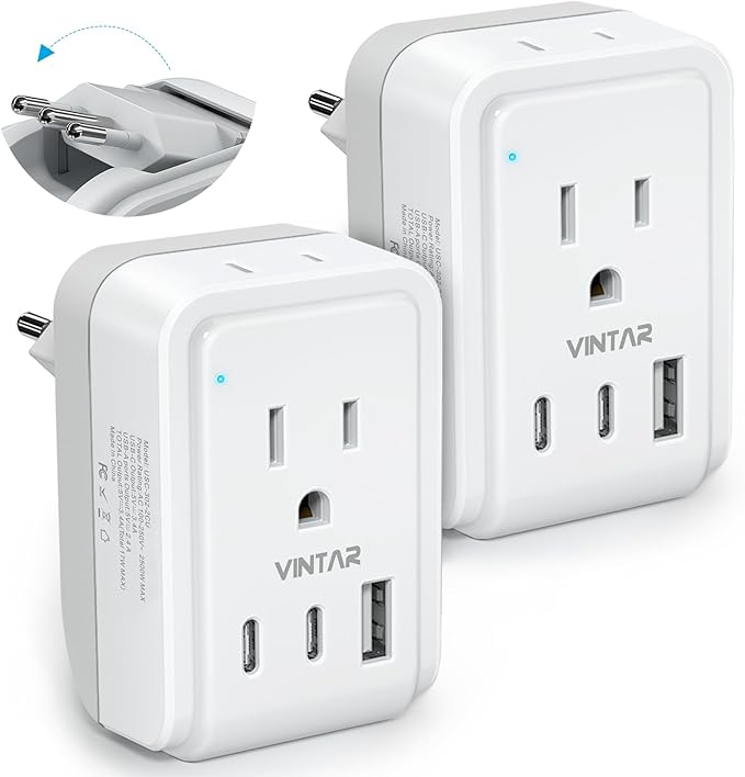 2 Pack Italy Travel Plug Adapter, VINTAR Foldable Italy Power Adapter with 3 USB Ports(2 USB C) and 2 American Outlets, 3 Prong Grounded Type L Plug Adapter for US to Italy Rome Uruguay Chile