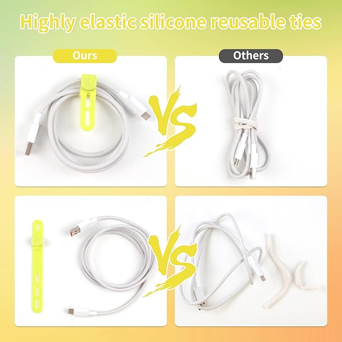 Oligei 25 Pcs Silicone Cable Ties, Cable Ties Reusable, High Elasticity Cord Wraps for Electrical Cords, Cord Organizer for Earphone, Phone Charger(Yellow)