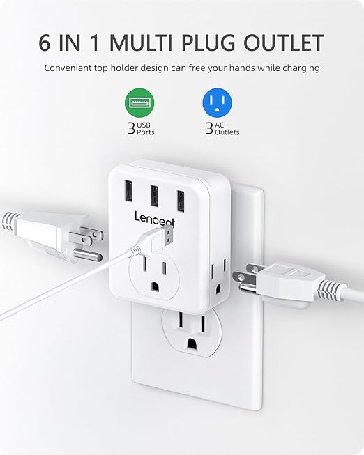 LENCENT Multi Plug Outlet Extender, 2 Pack, 3 Outlets Splitter with 3 USB Ports, USB Brick, Wall Charger, 3 Prong Power Charging Box Expander for Home, Office, Hotel - White