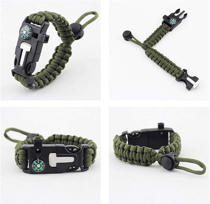 ZHIYE Survival Paracord Bracelet Flint Fire Starter Scraper Compass Wilderness Survival Whistle Adjustable Wristband 2Pack Black&Armygreen