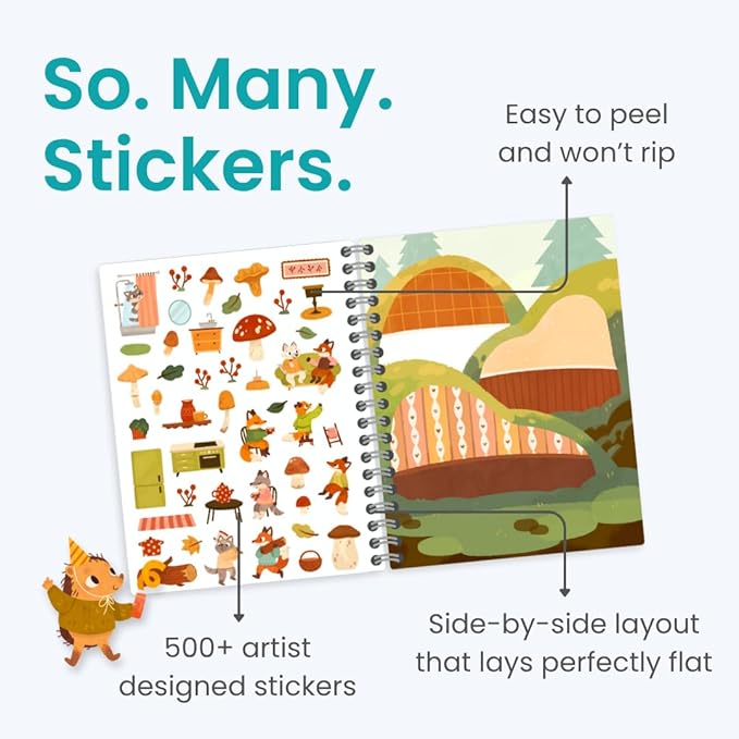 Cozy Homes of Furry Friends 500+ Sticker Book by Cupkin Fun Toddler Calendar Activity Coloring + Sticker Book, Road Trip Essentials, 12 Coloring Pages + Scenes for Ages 2–8 Years